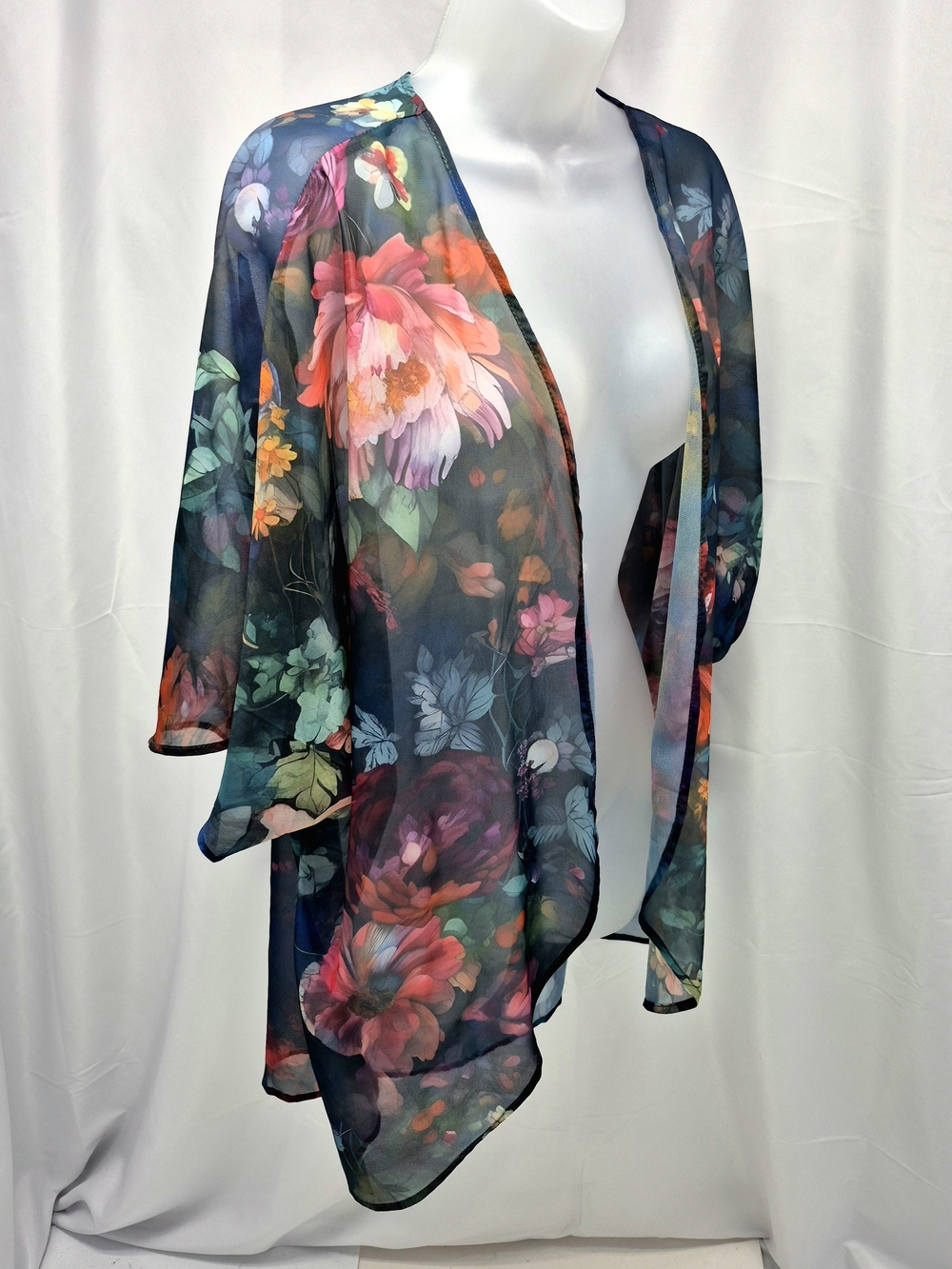 NWOT Sheer Floral Kimono Cardigan Open Front Dark Moody Boho Duster XL- OS
